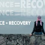 woman sitting on rock wall with words "patience = recovery"